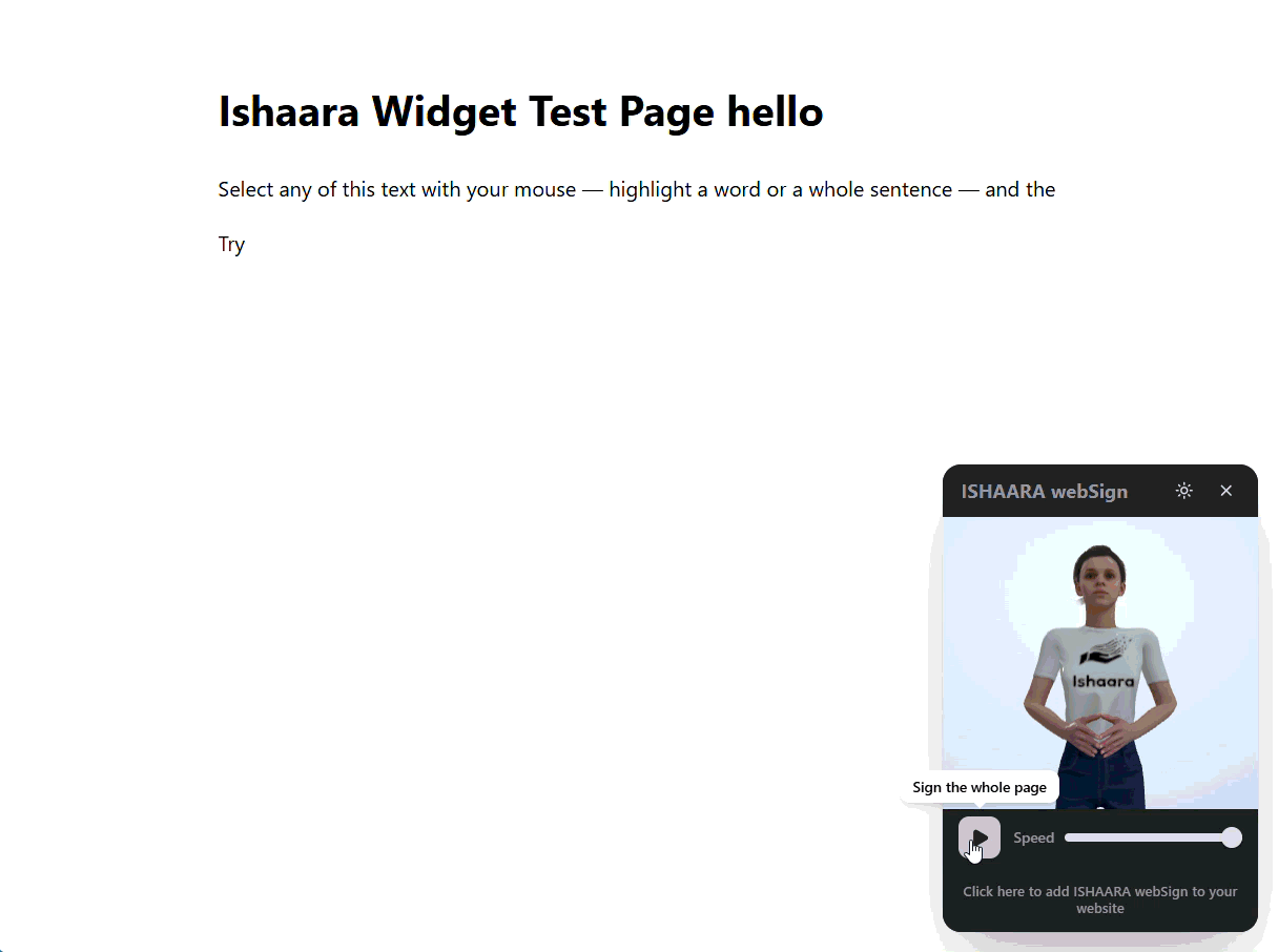 webSign demo - a 3D avatar signs highlighted text on a webpage